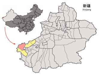 Uluğçat İlçesi'nin Sincan Uygur Özerk Bölgesideki konumu (pembe)