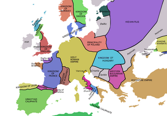 Onuncu yüzyılın sonlarında Avrupa, Macaristan Prensliği (Mavi)
