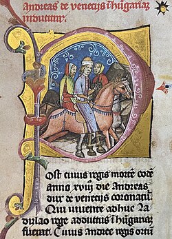 A young blonde man on a horse, accompanied by two older men