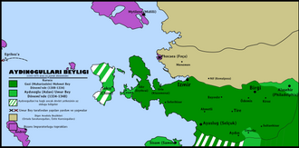 Aydınoğulları Beyliği, en parlak yıllarında(1315-1375):   Gazi Mehmet Bey döneminde sınırlar   Umur Bey fetihleri sonrasında sınırlar   Bizans İmparatorluğu toprakları   Diğer Batı Anadolu Beylikleri Siyah "X" Umur Bey'in yardımlarını gösterir Kırmızı "X" Umur Bey'in yağmalarını gösterir