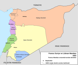 Fransız Suriye Mandası'nın alt idari bölümleri ve turuncu renkteki Şam Devleti.