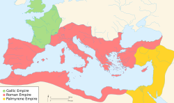 A colored map of Europe showing the Gallic Empire in green, Roman Empire in red, and Palmyrene Empire in yellow, during the rule of Tetricus I.