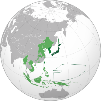 Japon İmparatorluğu'nun en geniş sınırları (1942) *   Japonya *   Koloniler (Kore, Tayvan, Karafuto) / Pasifik Kolonisi *   Japon kukla devletleri / Japon himayeleri /Japonların işgal ettiği topraklar / Tayland (Müttefik)