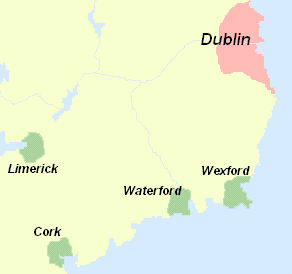 İrlanda'da Viking bölgeleri: Dublin Krallığı arazisi (pembe renkli); diğer Viking arazileri (açık yeşil renkli).
