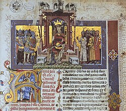 Chronicon Pictum, King Louis I of Hungary, knights, throne, canopy, orb, secpter, Hungarian, Saint Catherine of Alexandria, medieval, chronicle, book, illumination, illustration, history