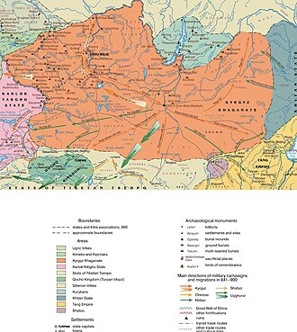 9. yüzyılda (860 yılı) Kırgız Kağanlığı'nın toprakları Haritanın yazarı: Andrey Astaykin [ru]