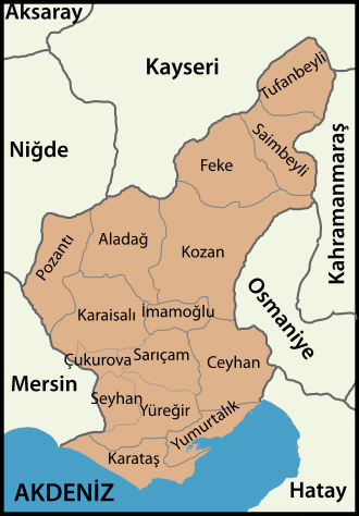  Adana'nın 15 ilçesinin haritada gösterimi