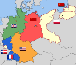 The eventual partition of Germany into Allied Occupation Zones:   British zone   French zone (two exclaves) and beginning in 1947, the Saar Protectorate   American zone, including Bremen   Soviet zone, later the GDR   Polish and Soviet annexed territory